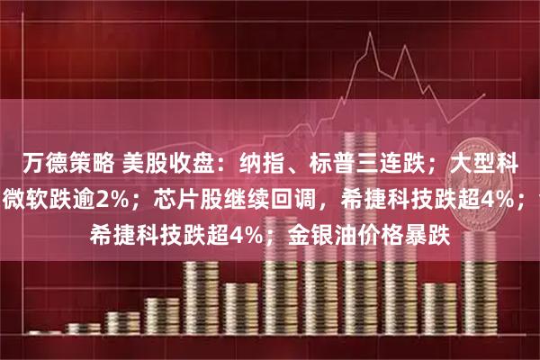 万德策略 美股收盘：纳指、标普三连跌；大型科技股多数下跌，微软跌逾2%；芯片股继续回调，希捷科技跌超4%；金银油价格暴跌